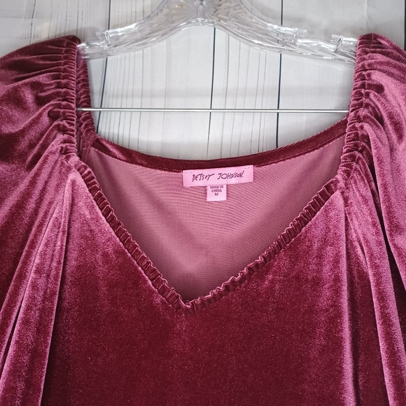 Betsey Johnson V-neck Mini Velvet Long Sleeve Dress in Burgundy - Picture 7 of 13
